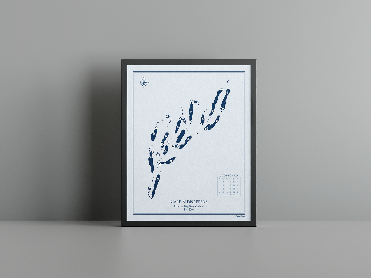 Cape Kidnappers golf course print, blue frame