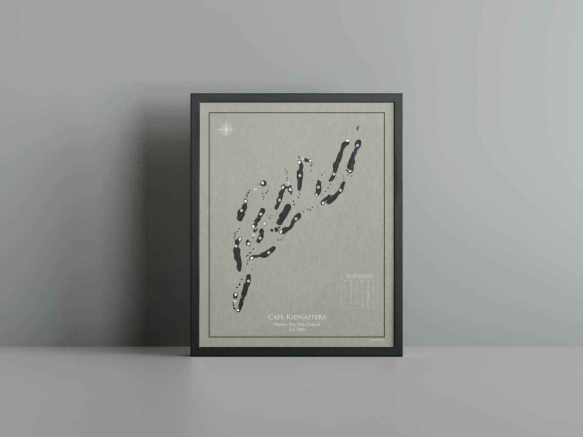 Cape Kidnappers golf course print, brown frame