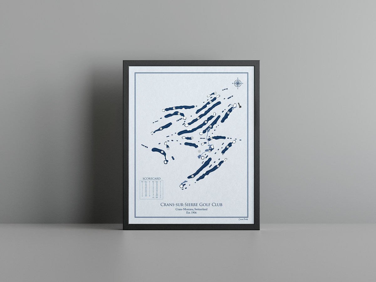 Crans-sur-Sierre Ballesteros Course golf course print, blue frame