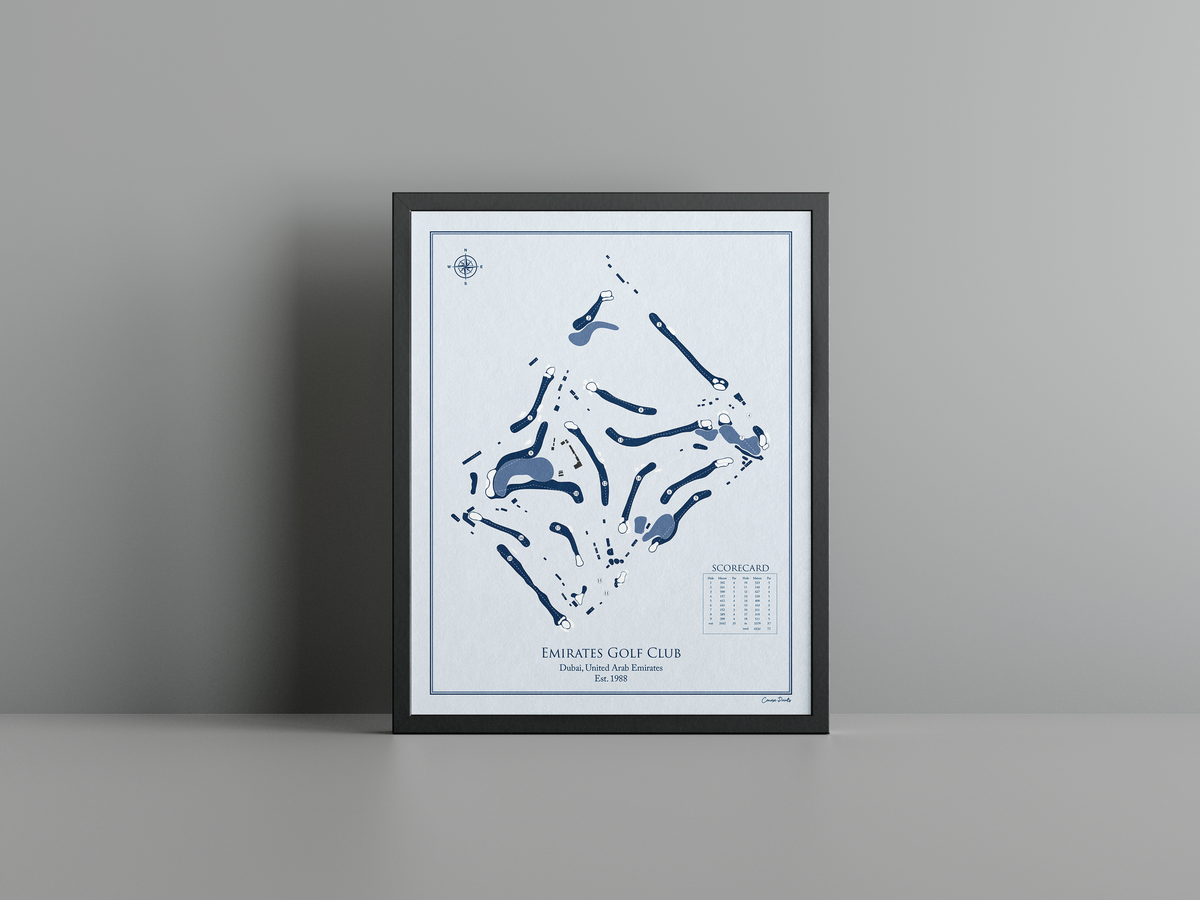 Emirates Golf Club - Majlis golf course print, blue frame