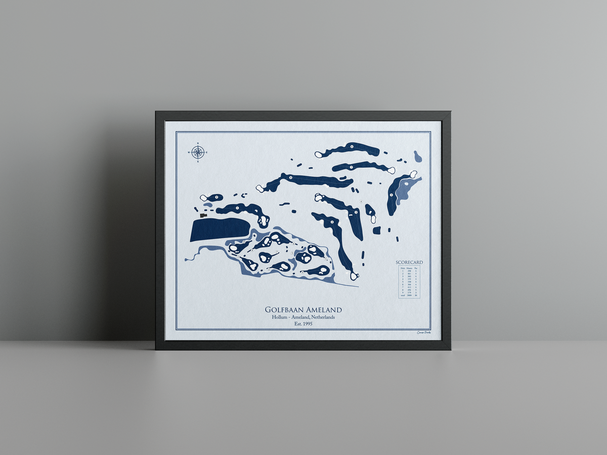 Golfbaan Ameland golf course print, blue frame