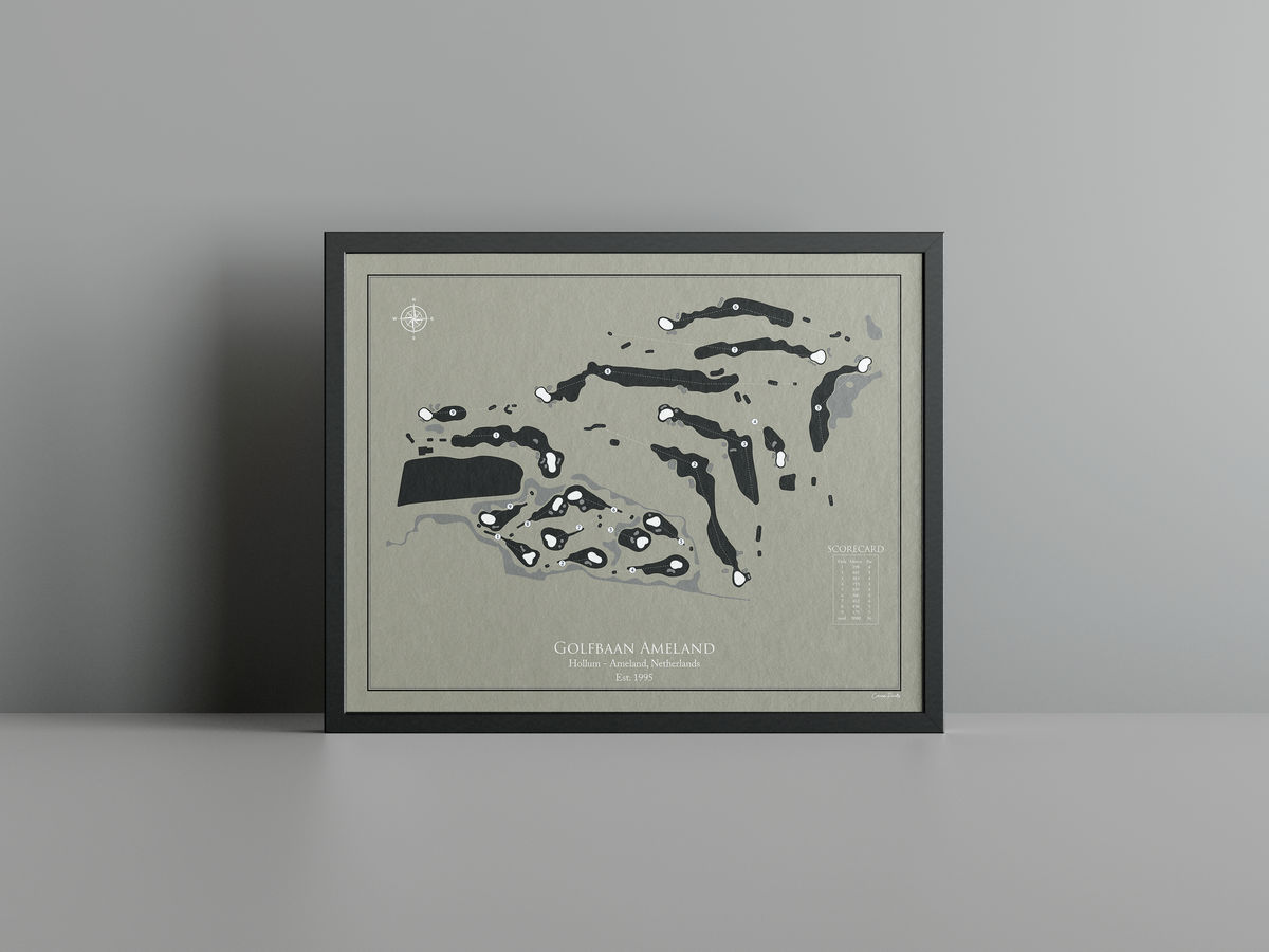Golfbaan Ameland golf course print, brown frame
