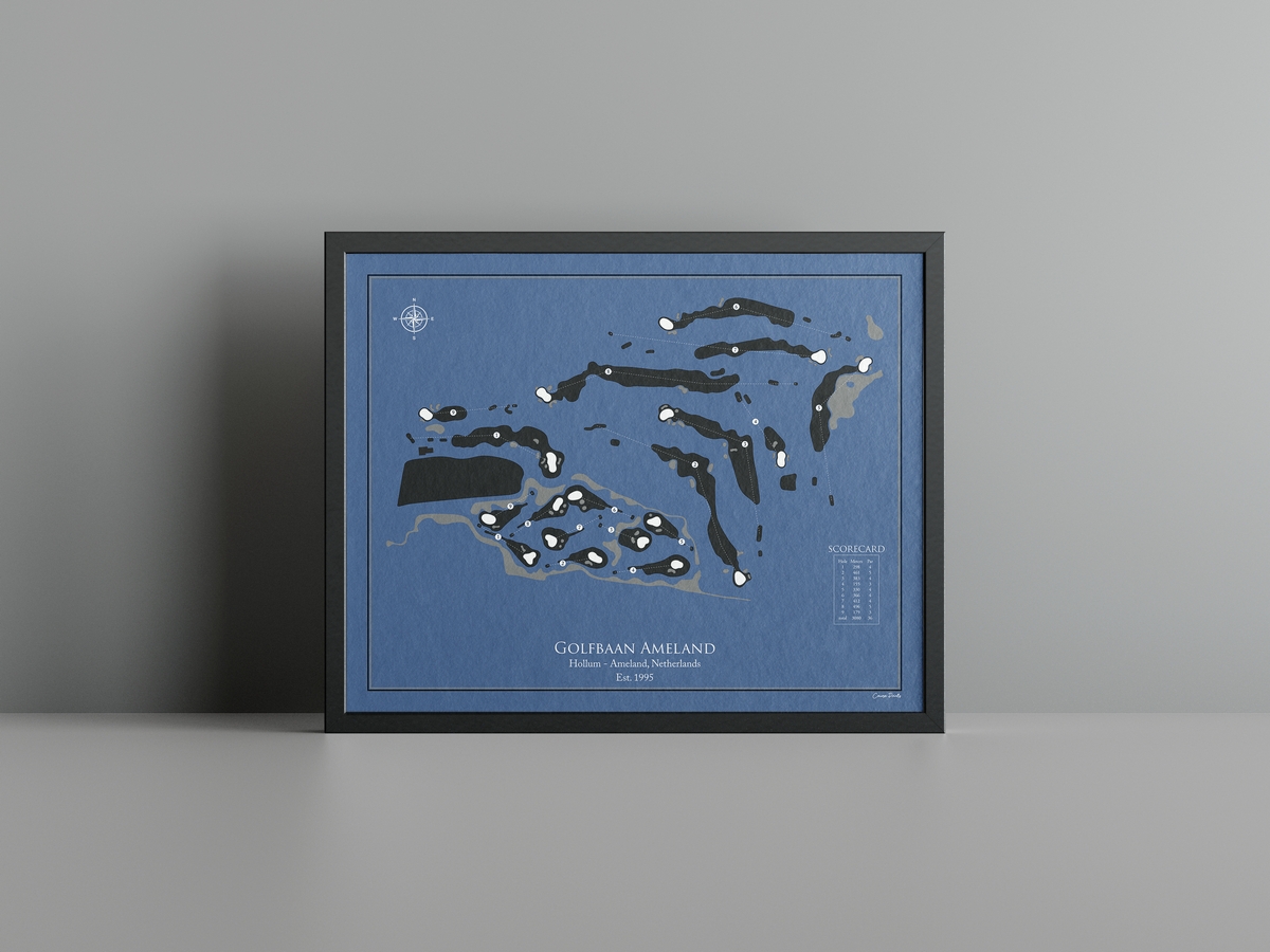 Golfbaan Ameland golf course print, navy frame