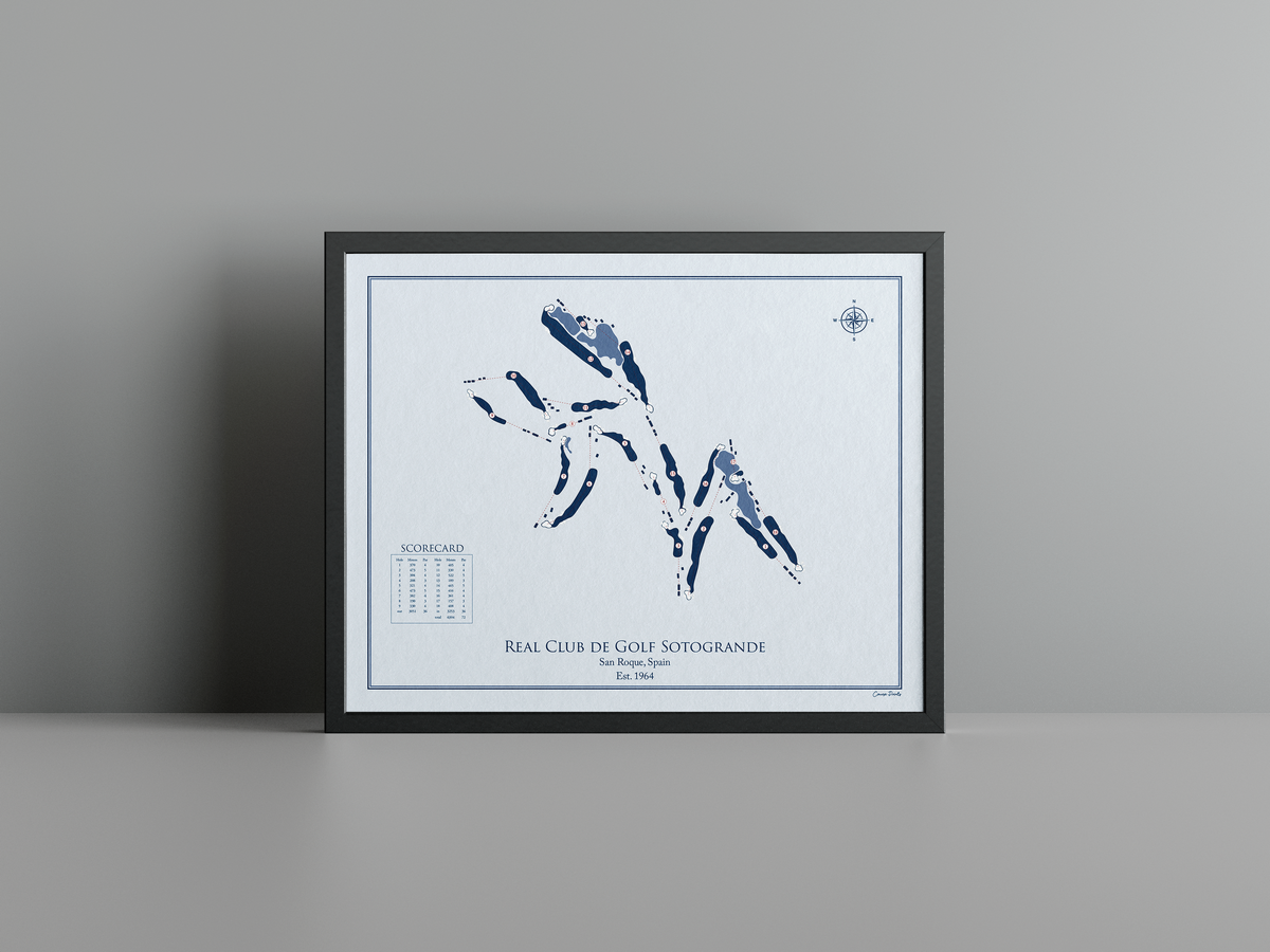 Real Club de Golf Sotogrande golf course print, blue frame