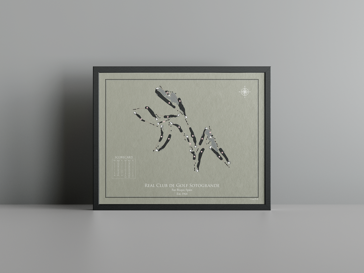 Real Club de Golf Sotogrande golf course print, brown frame