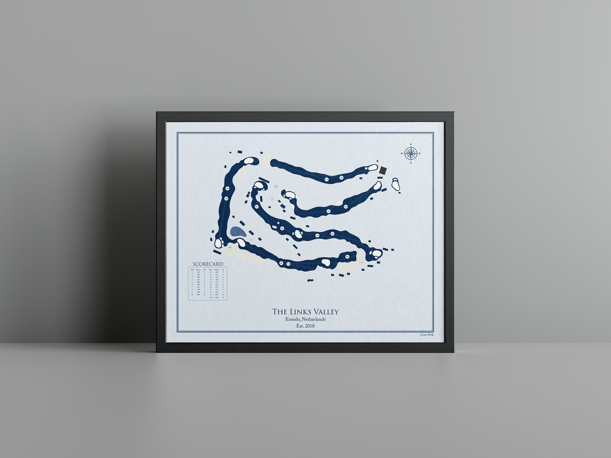The Links Valley golf course print, blue frame