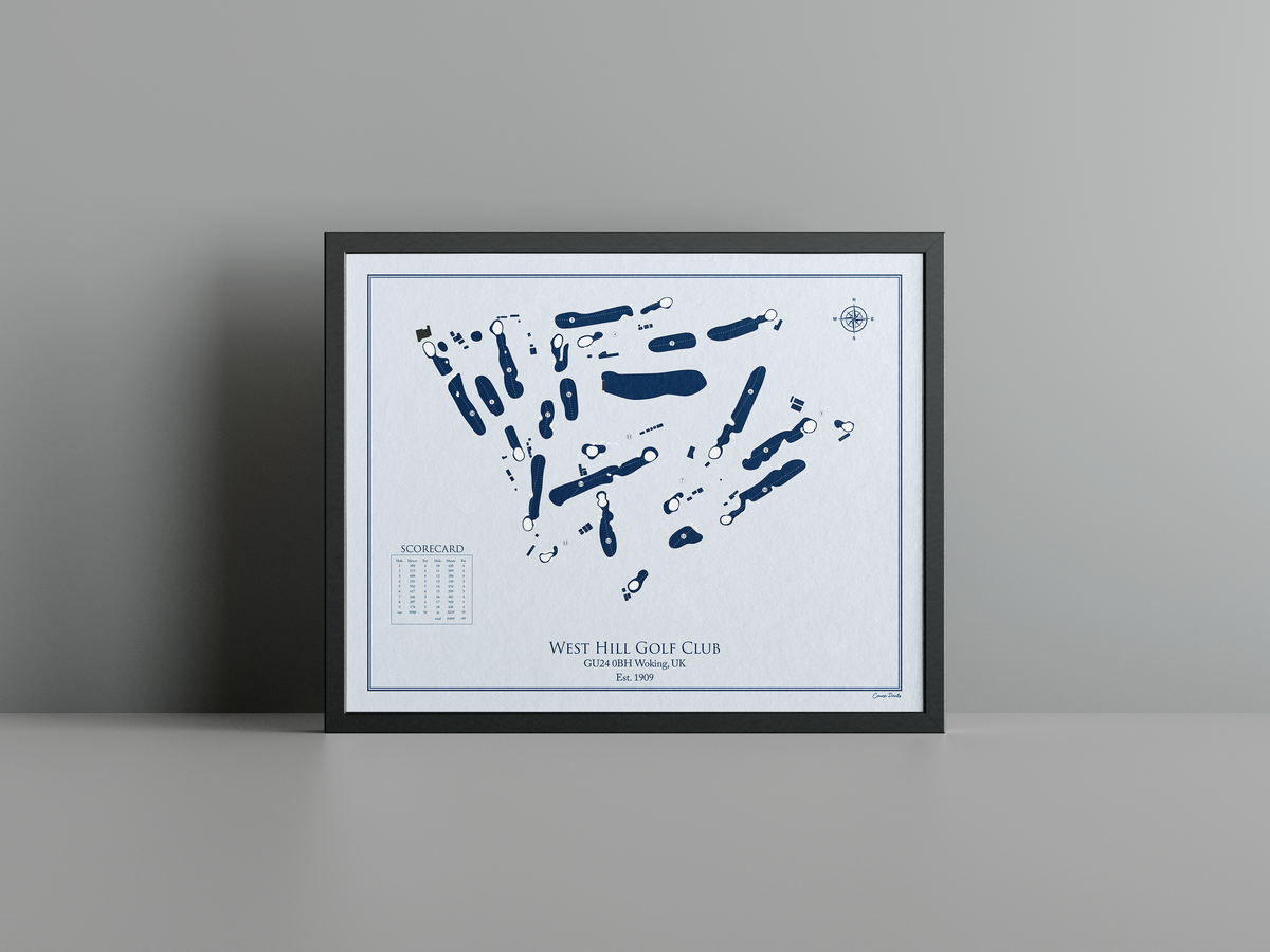 West Hill Golf Club golf course print, blue frame